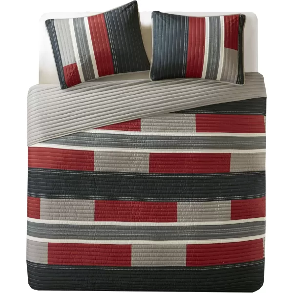 Comfort Spaces Quilt Set Trendy Casual Fun Vibrant Color Design Hypoallergenic All Season Lightweight Coverlet Bedspread Cozy Kids Bedding ampamp Sham FullQueen Pierre Grey Orange Stripe 3 PieceBlackRed