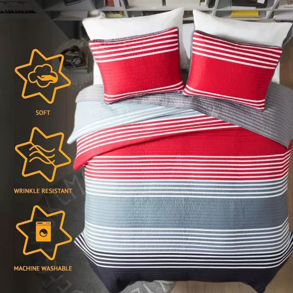 Comfort Spaces Quilt Set Trendy Casual Fun Vibrant Color Design Hypoallergenic All Season Lightweight Coverlet Bedspread Cozy Kids Bedding ampamp Sham FullQueen Pierre Grey Orange Stripe 3 PieceRedGrey