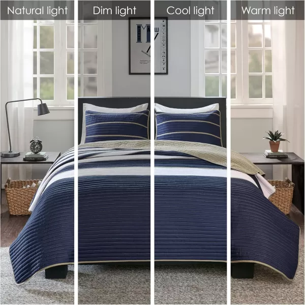 Comfort Spaces Quilt Set Trendy Casual Fun Vibrant Color Design Hypoallergenic All Season Lightweight Coverlet Bedspread Cozy Kids Bedding ampamp Sham FullQueen Pierre Grey Orange Stripe 3 PieceBlue