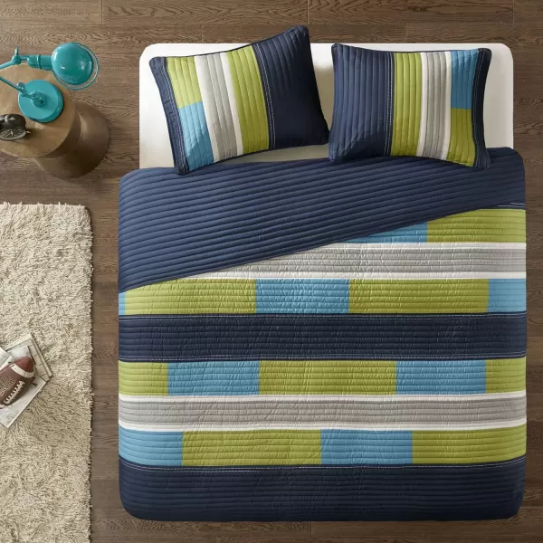 Comfort Spaces Quilt Set Trendy Casual Fun Vibrant Color Design Hypoallergenic All Season Lightweight Coverlet Bedspread Cozy Kids Bedding ampamp Sham FullQueen Pierre Grey Orange Stripe 3 PieceBlueNavy