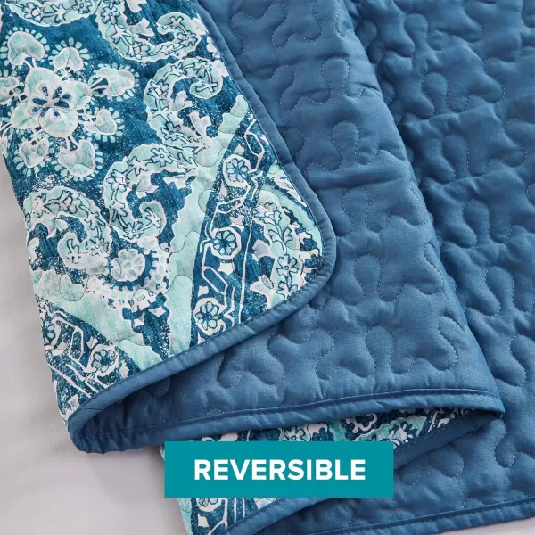 Comfort Spaces Reversible Quilt SetVermicelli Stitching Design All Season Lightweight Coverlet Bedspread Bedding Matching Shams FullQueen 90 in x 90 in Kate Floral Purple 3 PieceGloria Damask Aqua