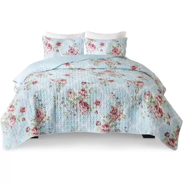 Comfort Spaces Reversible Quilt SetVermicelli Stitching Design All Season Lightweight Coverlet Bedspread Bedding Matching Shams FullQueen 90 in x 90 in Marlene Daisies Green 3 PieceNatalie Floral Blue