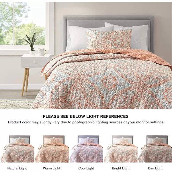 Comfort Spaces Reversible Quilt SetVermicelli Stitching Design All Season Lightweight Coverlet Bedspread Bedding Matching Shams FullQueen 90 in x 90 in Kate Floral Purple 3 PieceGloria Damask Coral