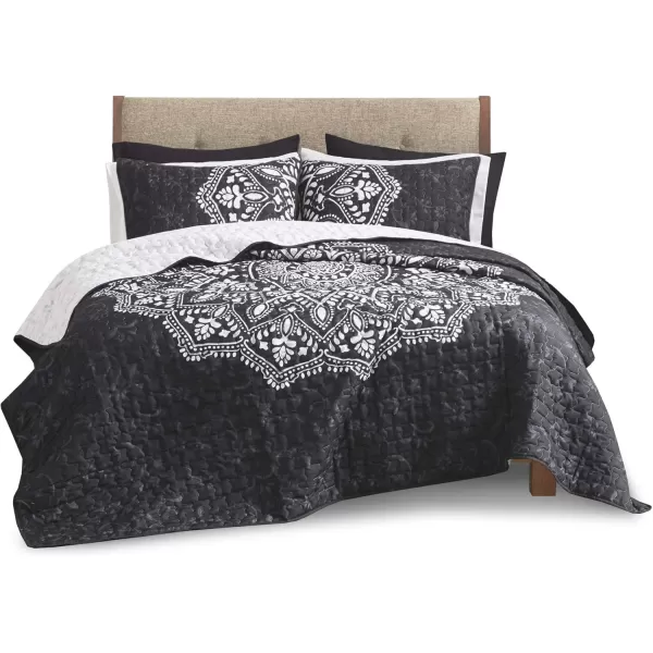 Comfort Spaces Reversible Quilt SetVermicelli Stitching Design All Season Lightweight Coverlet Bedspread Bedding Matching Shams FullQueen 90 in x 90 in Kate Floral Purple 3 PieceAva Medallion Black