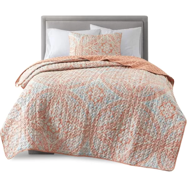 Comfort Spaces Reversible Quilt SetVermicelli Stitching Design All Season Lightweight Coverlet Bedspread Bedding Matching Shams FullQueen 90 in x 90 in Kate Floral Purple 3 PieceGloria Damask Coral