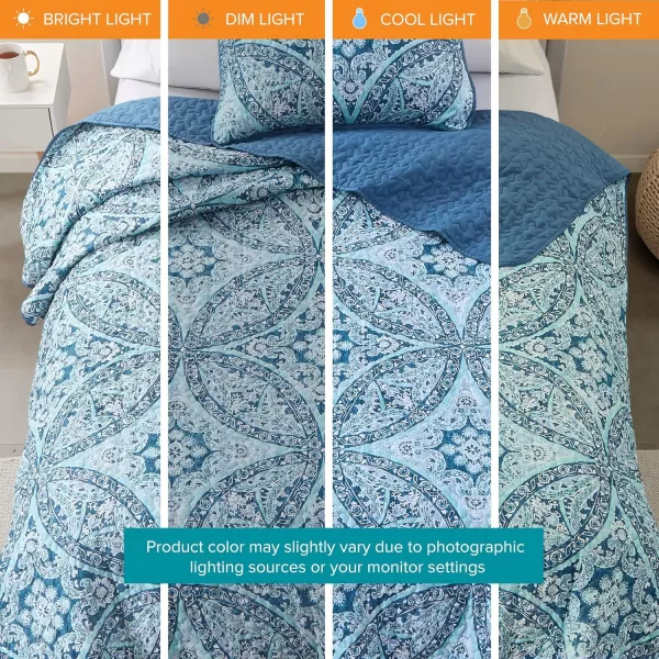 Comfort Spaces Reversible Quilt SetVermicelli Stitching Design All Season Lightweight Coverlet Bedspread Bedding Matching Shams FullQueen 90 in x 90 in Kate Floral Purple 3 PieceGloria Damask Aqua
