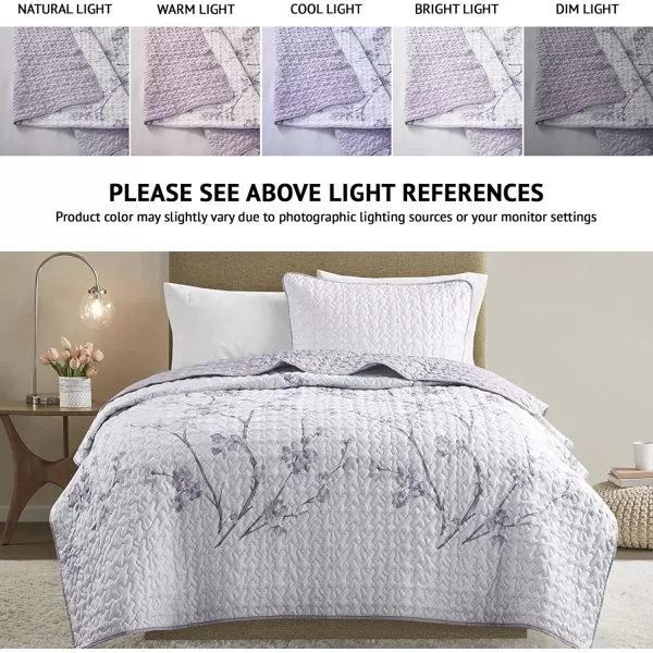 Comfort Spaces Reversible Quilt SetVermicelli Stitching Design All Season Lightweight Coverlet Bedspread Bedding Matching Shams FullQueen 90 in x 90 in Kate Floral Purple 3 PieceKate Floral Purple