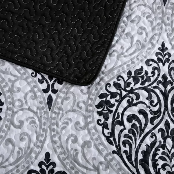 Comfort Spaces Reversible Quilt SetVermicelli Stitching Design All Season Lightweight Coverlet Bedspread Bedding Matching Shams FullQueen 90 in x 90 in Kate Floral Purple 3 PieceCoco Damask Black