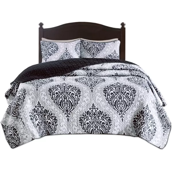Comfort Spaces Reversible Quilt SetVermicelli Stitching Design All Season Lightweight Coverlet Bedspread Bedding Matching Shams FullQueen 90 in x 90 in Kate Floral Purple 3 PieceCoco Damask Black