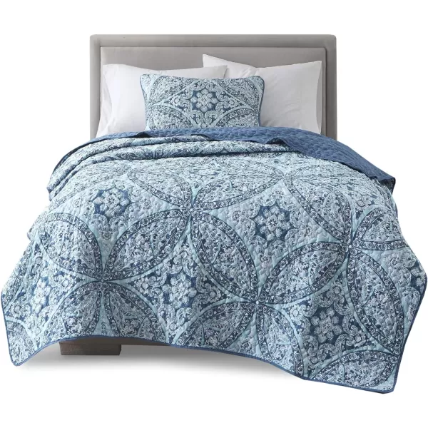 Comfort Spaces Reversible Quilt SetVermicelli Stitching Design All Season Lightweight Coverlet Bedspread Bedding Matching Shams FullQueen 90 in x 90 in Kate Floral Purple 3 PieceGloria Damask Aqua