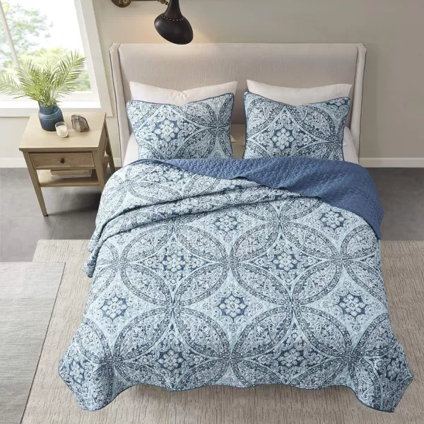 Comfort Spaces Reversible Quilt SetVermicelli Stitching Design All Season Lightweight Coverlet Bedspread Bedding Matching Shams FullQueen 90 in x 90 in Kate Floral Purple 3 PieceGloria Damask Aqua