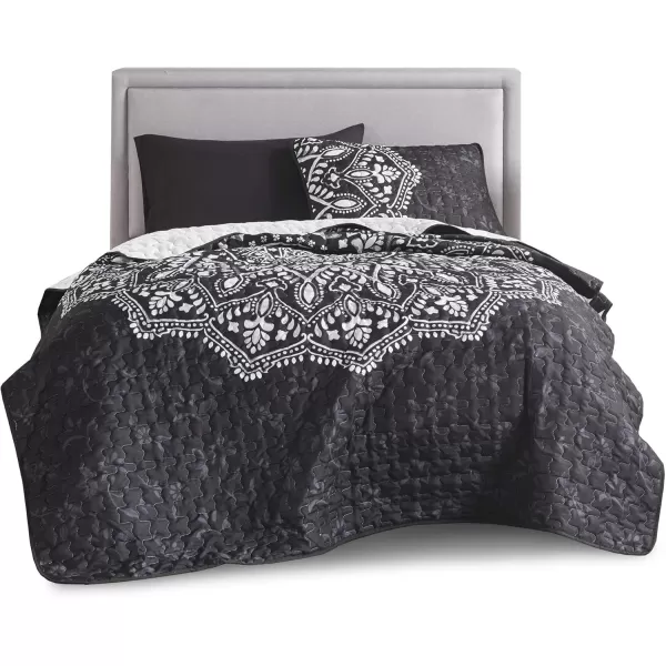 Comfort Spaces Reversible Quilt SetVermicelli Stitching Design All Season Lightweight Coverlet Bedspread Bedding Matching Shams FullQueen 90 in x 90 in Kate Floral Purple 3 PieceAva Medallion Black