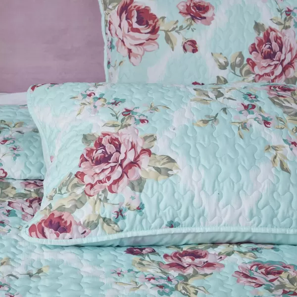 Comfort Spaces Reversible Quilt SetVermicelli Stitching Design All Season Lightweight Coverlet Bedspread Bedding Matching Shams FullQueen 90 in x 90 in Marlene Daisies Green 3 PieceNatalie Floral Blue