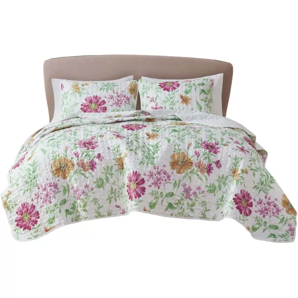 Comfort Spaces Reversible Quilt SetVermicelli Stitching Design All Season Lightweight Coverlet Bedspread Bedding Matching Shams FullQueen 90 in x 90 in Marlene Daisies Green 3 PieceMarlene Daisies Green