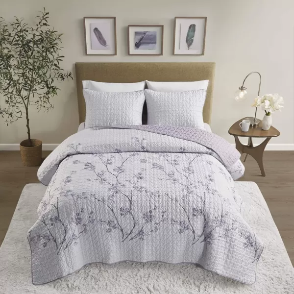 Comfort Spaces Reversible Quilt SetVermicelli Stitching Design All Season Lightweight Coverlet Bedspread Bedding Matching Shams FullQueen 90 in x 90 in Kate Floral Purple 3 PieceKate Floral Purple