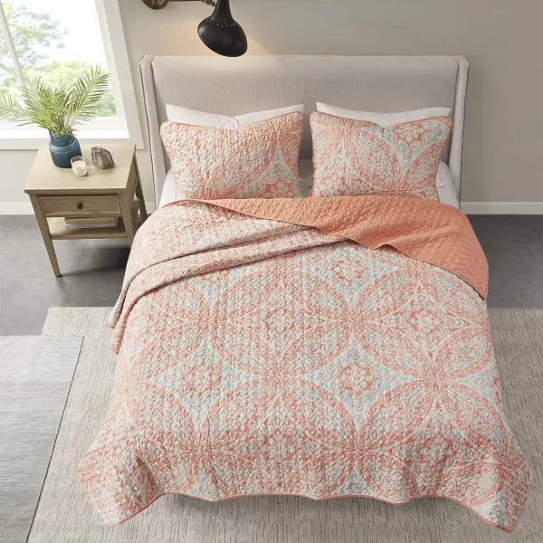 Comfort Spaces Reversible Quilt SetVermicelli Stitching Design All Season Lightweight Coverlet Bedspread Bedding Matching Shams FullQueen 90 in x 90 in Kate Floral Purple 3 PieceGloria Damask Coral