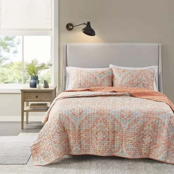 Comfort Spaces Reversible Quilt SetVermicelli Stitching Design All Season Lightweight Coverlet Bedspread Bedding Matching Shams FullQueen 90 in x 90 in Kate Floral Purple 3 PieceGloria Damask Coral