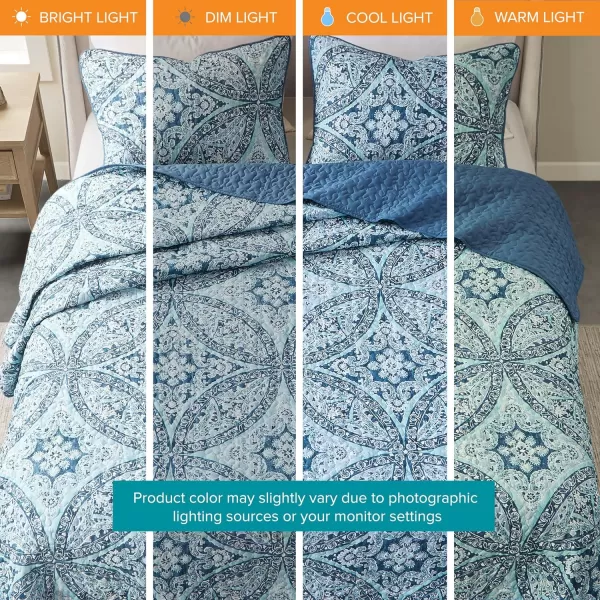Comfort Spaces Reversible Quilt SetVermicelli Stitching Design All Season Lightweight Coverlet Bedspread Bedding Matching Shams FullQueen 90 in x 90 in Kate Floral Purple 3 PieceGloria Damask Aqua