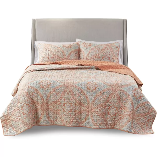 Comfort Spaces Reversible Quilt SetVermicelli Stitching Design All Season Lightweight Coverlet Bedspread Bedding Matching Shams FullQueen 90 in x 90 in Kate Floral Purple 3 PieceGloria Damask Coral