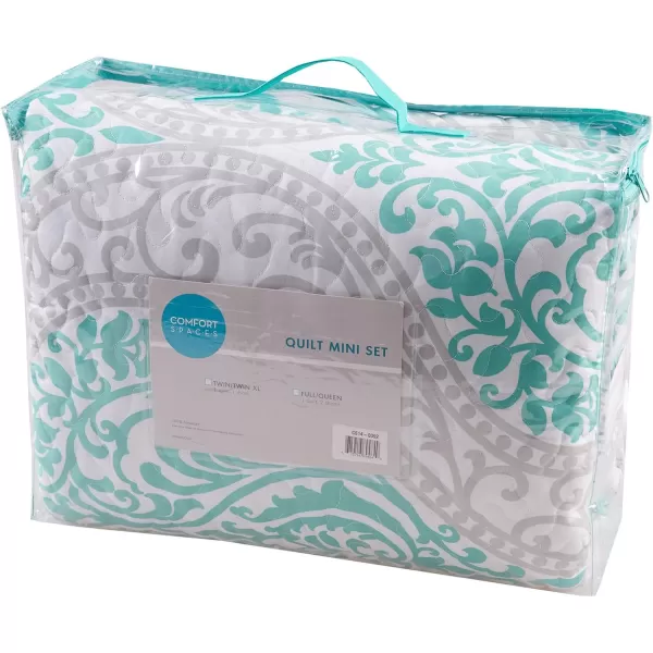 Comfort Spaces Reversible Quilt SetVermicelli Stitching Design All Season Lightweight Coverlet Bedspread Bedding Matching Shams FullQueen 90 in x 90 in Kate Floral Purple 3 PieceCoco Damask Teal