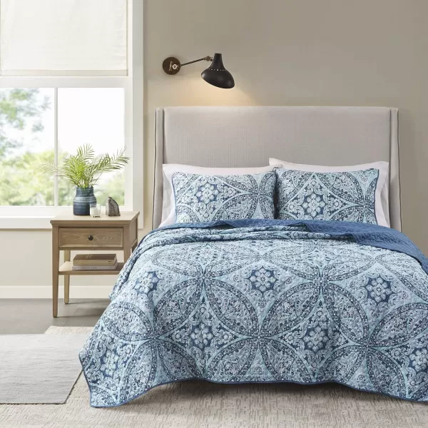 Comfort Spaces Reversible Quilt SetVermicelli Stitching Design All Season Lightweight Coverlet Bedspread Bedding Matching Shams FullQueen 90 in x 90 in Kate Floral Purple 3 PieceGloria Damask Aqua