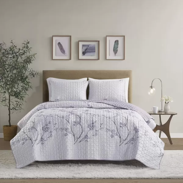 Comfort Spaces Reversible Quilt SetVermicelli Stitching Design All Season Lightweight Coverlet Bedspread Bedding Matching Shams FullQueen 90 in x 90 in Kate Floral Purple 3 PieceKate Floral Purple