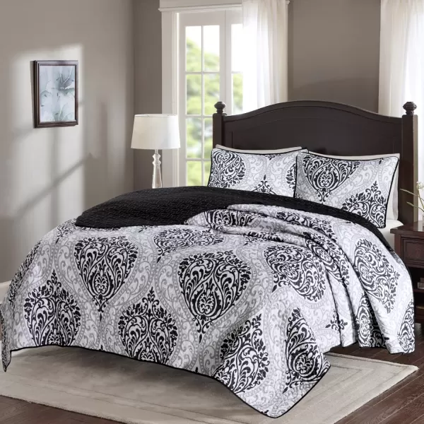 Comfort Spaces Reversible Quilt SetVermicelli Stitching Design All Season Lightweight Coverlet Bedspread Bedding Matching Shams FullQueen 90 in x 90 in Kate Floral Purple 3 PieceCoco Damask Black