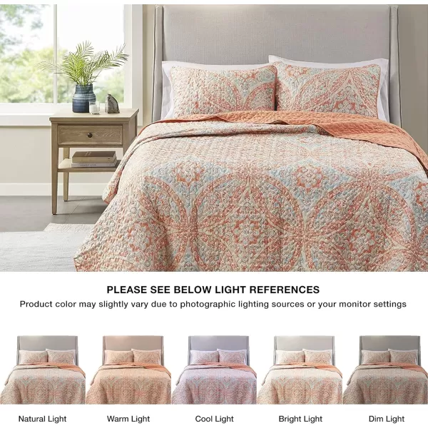 Comfort Spaces Reversible Quilt SetVermicelli Stitching Design All Season Lightweight Coverlet Bedspread Bedding Matching Shams FullQueen 90 in x 90 in Kate Floral Purple 3 PieceGloria Damask Coral