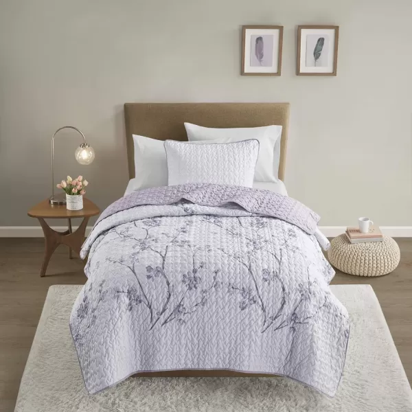 Comfort Spaces Reversible Quilt SetVermicelli Stitching Design All Season Lightweight Coverlet Bedspread Bedding Matching Shams FullQueen 90 in x 90 in Kate Floral Purple 3 PieceKate Floral Purple