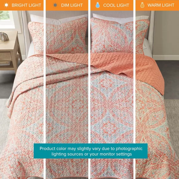 Comfort Spaces Reversible Quilt SetVermicelli Stitching Design All Season Lightweight Coverlet Bedspread Bedding Matching Shams FullQueen 90 in x 90 in Kate Floral Purple 3 PieceGloria Damask Coral