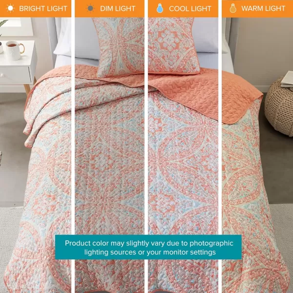 Comfort Spaces Reversible Quilt SetVermicelli Stitching Design All Season Lightweight Coverlet Bedspread Bedding Matching Shams FullQueen 90 in x 90 in Kate Floral Purple 3 PieceGloria Damask Coral