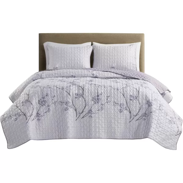 Comfort Spaces Reversible Quilt SetVermicelli Stitching Design All Season Lightweight Coverlet Bedspread Bedding Matching Shams FullQueen 90 in x 90 in Kate Floral Purple 3 PieceKate Floral Purple