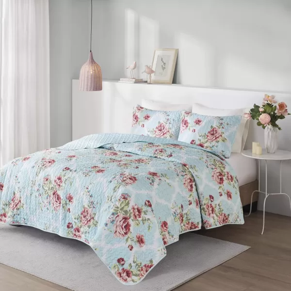 Comfort Spaces Reversible Quilt SetVermicelli Stitching Design All Season Lightweight Coverlet Bedspread Bedding Matching Shams FullQueen 90 in x 90 in Marlene Daisies Green 3 PieceNatalie Floral Blue
