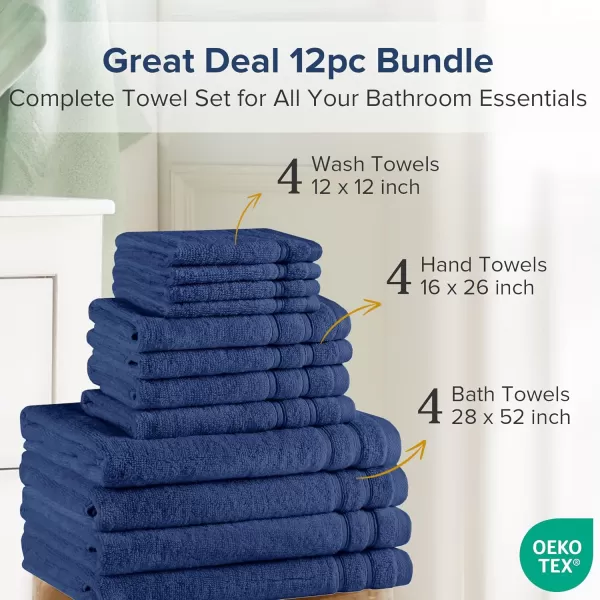 Comfort Spaces Towel Set for Bathroom 12 Piece Luxury Bath Towel Set 4 Hand Towel for Bathroom 4 Washcloth 4 Large Bath Pink Towel Sets 100 Cotton Quick Dry Towel Zero Twist Soft Lightweight BlushIndigo