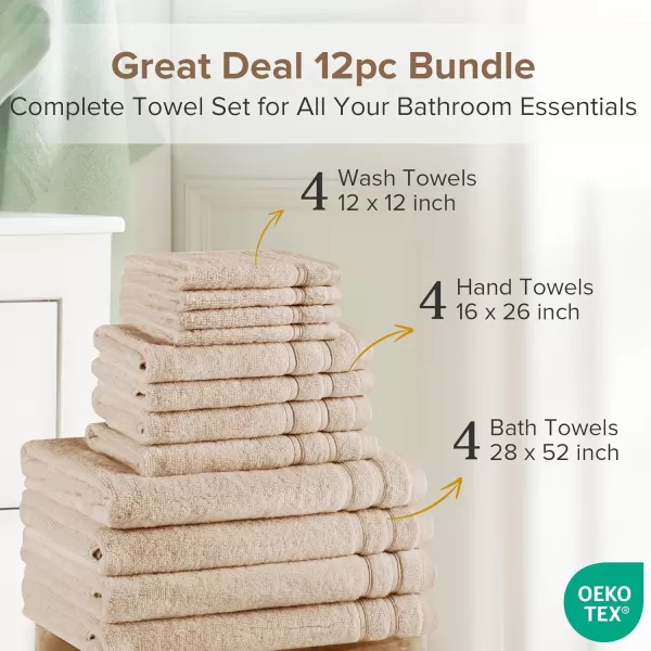 Comfort Spaces Towel Set for Bathroom 12 Piece Luxury Bath Towel Set 4 Hand Towel for Bathroom 4 Washcloth 4 Large Bath Pink Towel Sets 100 Cotton Quick Dry Towel Zero Twist Soft Lightweight BlushBeige