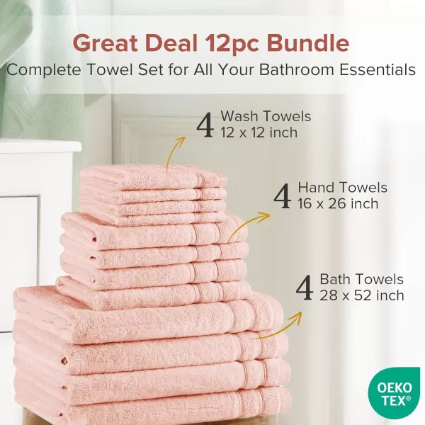 Comfort Spaces Towel Set for Bathroom 12 Piece Luxury Bath Towel Set 4 Hand Towel for Bathroom 4 Washcloth 4 Large Bath Pink Towel Sets 100 Cotton Quick Dry Towel Zero Twist Soft Lightweight BlushBlush