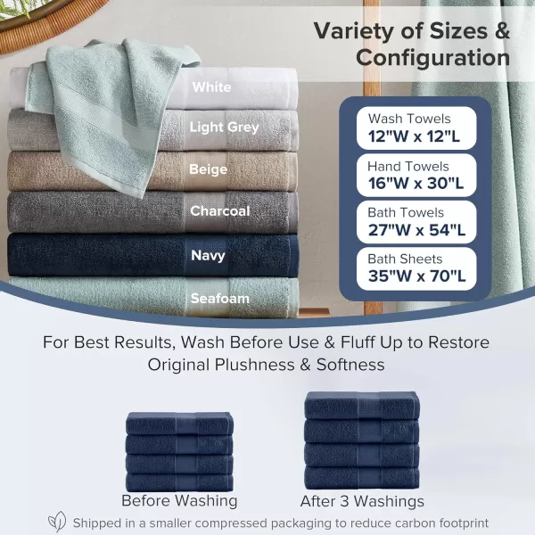 Comfort Spaces Turkish Bathroom Towel Set 6 Piece Luxury Bath Towel Set 2 Hand Towel for Bathroom 2 Washcloth 2 Large Bath Towel Sets Long Staple Soft Quick Dry Towel Set Light GreyNavy
