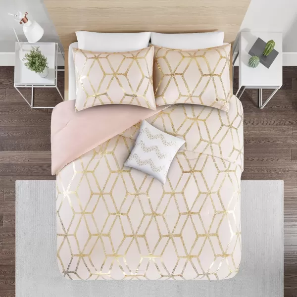 Comfort Spaces Vivian Comforter Set Ultra Soft All Season Lightweight Modern Geometric Glam Metallic Print Bedding Matching Sham Decorative Pillow FullQueen Geometric BlushGoldBlushGold