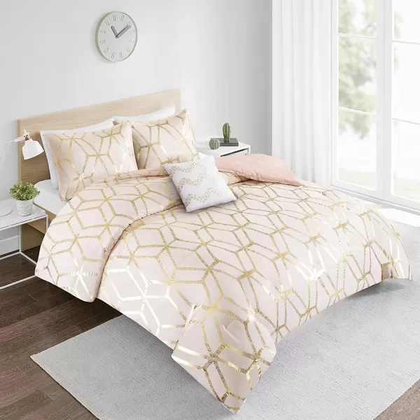 Comfort Spaces Vivian Comforter Set Ultra Soft All Season Lightweight Modern Geometric Glam Metallic Print Bedding Matching Sham Decorative Pillow FullQueen Geometric BlushGoldBlushGold