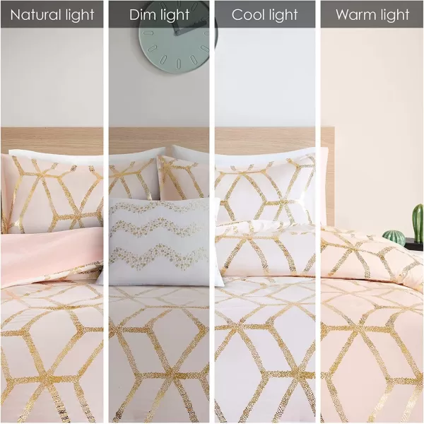 Comfort Spaces Vivian Comforter Set Ultra Soft All Season Lightweight Modern Geometric Glam Metallic Print Bedding Matching Sham Decorative Pillow FullQueen Geometric BlushGoldBlushGold