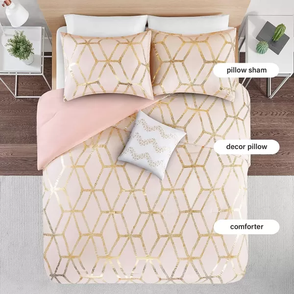 Comfort Spaces Vivian Comforter Set Ultra Soft All Season Lightweight Modern Geometric Glam Metallic Print Bedding Matching Sham Decorative Pillow FullQueen Geometric BlushGoldBlushGold