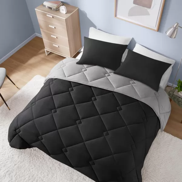 Comfort Spaces Vixie Reversible Comforter Set  Trendy Vibrant Color with Geometric Quilted Cover Lightweight All Season Down Alternative Cozy Bedding Sham NavyCharcoal TwinTwin XL 2 pieceBlackGray