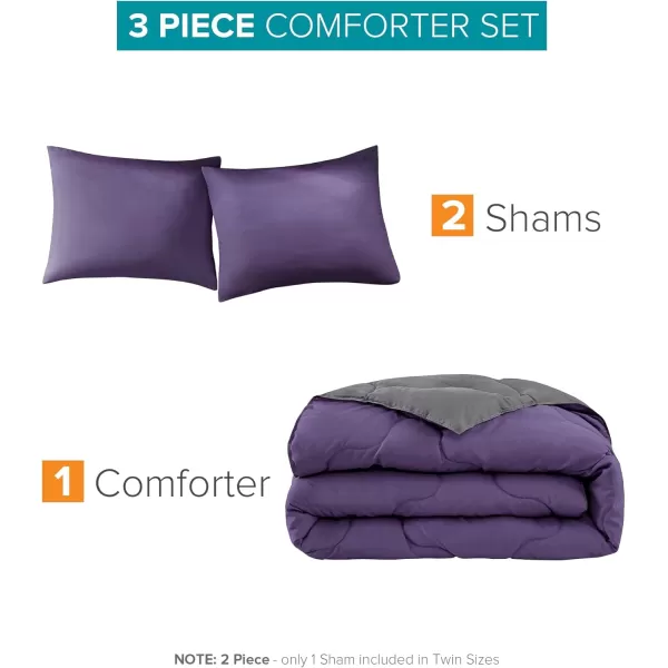 Comfort Spaces Vixie Reversible Comforter Set  Trendy Vibrant Color with Geometric Quilted Cover Lightweight All Season Down Alternative Cozy Bedding Sham NavyCharcoal TwinTwin XL 2 piecePurpleCharcoal