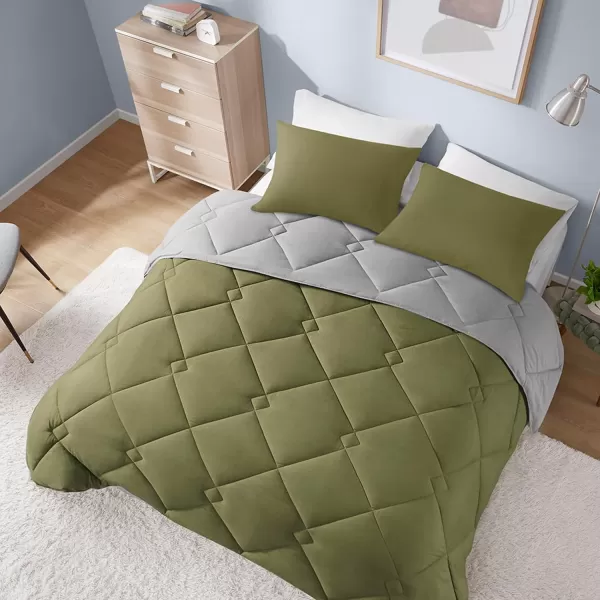Comfort Spaces Vixie Reversible Comforter Set  Trendy Vibrant Color with Geometric Quilted Cover Lightweight All Season Down Alternative Cozy Bedding Sham NavyCharcoal TwinTwin XL 2 pieceGreenGrey