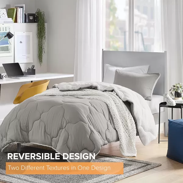 Comfort Spaces Vixie Reversible Comforter Set  Trendy Vibrant Color with Geometric Quilted Cover Lightweight All Season Down Alternative Cozy Bedding Sham NavyCharcoal TwinTwin XL 2 pieceGreyWhite Sherpa