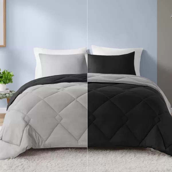 Comfort Spaces Vixie Reversible Comforter Set  Trendy Vibrant Color with Geometric Quilted Cover Lightweight All Season Down Alternative Cozy Bedding Sham NavyCharcoal TwinTwin XL 2 pieceBlackGray
