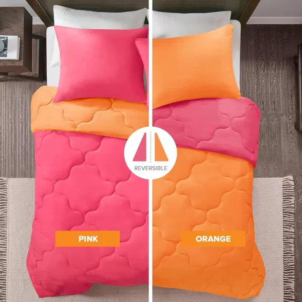Comfort Spaces Vixie Reversible Comforter Set  Trendy Vibrant Color with Geometric Quilted Cover Lightweight All Season Down Alternative Cozy Bedding Sham NavyCharcoal TwinTwin XL 2 piecePinkOrange