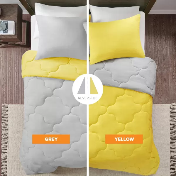 Comfort Spaces Vixie Reversible Comforter Set  Trendy Vibrant Color with Geometric Quilted Cover Lightweight All Season Down Alternative Cozy Bedding Sham NavyCharcoal TwinTwin XL 2 pieceGreyYellow
