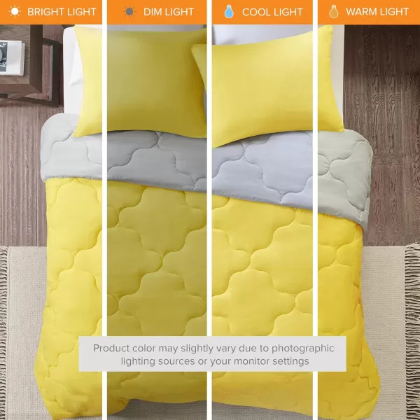 Comfort Spaces Vixie Reversible Comforter Set  Trendy Vibrant Color with Geometric Quilted Cover Lightweight All Season Down Alternative Cozy Bedding Sham NavyCharcoal TwinTwin XL 2 pieceGreyYellow