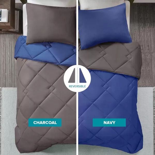 Comfort Spaces Vixie Reversible Comforter Set  Trendy Vibrant Color with Geometric Quilted Cover Lightweight All Season Down Alternative Cozy Bedding Sham NavyCharcoal TwinTwin XL 2 pieceNavyCharcoal